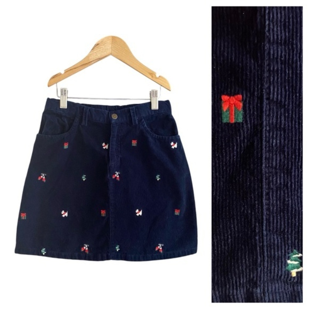 Hartstrings Christmas Holiday Embroidered Navy Blue Corduroy Skirt 12